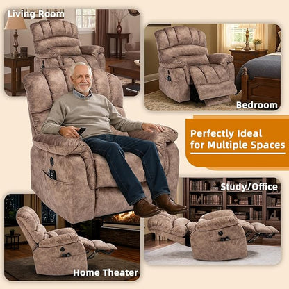 Tall Man Oversized Dual Motor Power Lift Recliner w/Heat Massage, Large Lay Flat Sleeper Electric Recliner with Extended Footrest for Elderly, Lumbar Pillow, USB & Type-C Ports, Plush-Brown