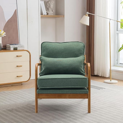 Mid-Century Accent Chair,Linen Fabric Lounge Chair with Wide Armrest,Linen Fabric Armchair with Lumbar Pillow & Solid Wood Frame for Living Room, Bedroom, Balcony(Green)