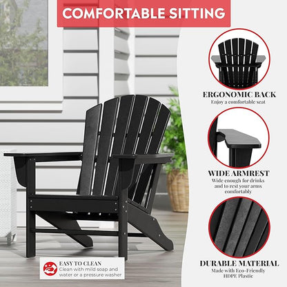Costaelm Outdoor Adirondack Chair, HDPE Patio Chair, Weather Resistant Lawn Firepit Outside Chairs for Porch, Poolside, Garden, Backyard Deck, Black