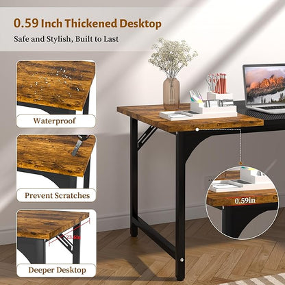 47inch Computer Desk with Deeper Carbon Fiber Desktop, Gaming Office Desk with Sturdy Metal Frame,Home Office Desk for Gaming, Working, Studying, Rustic Brown