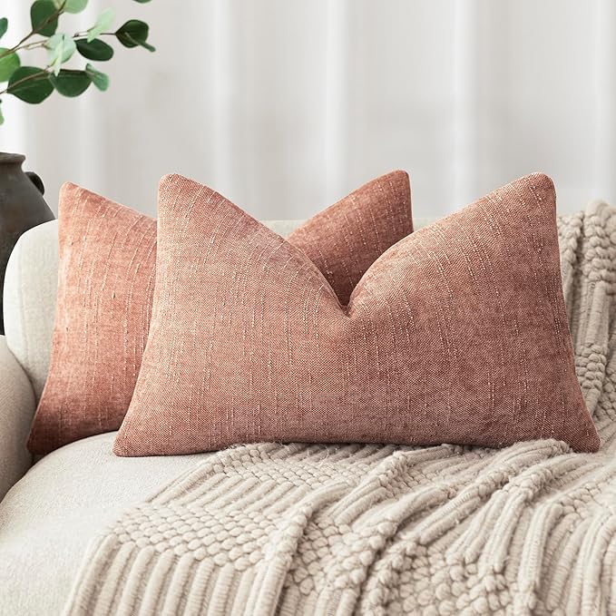 Foindtower Pack of 2 Soft Textured Chenille Throw Decorative Pillow Covers Square Accent Solid Cushion Cover Neutral Lumbar Pillow Case for Couch Sofa Bedroom Living Room 12x24 Inch,Dusty Pink