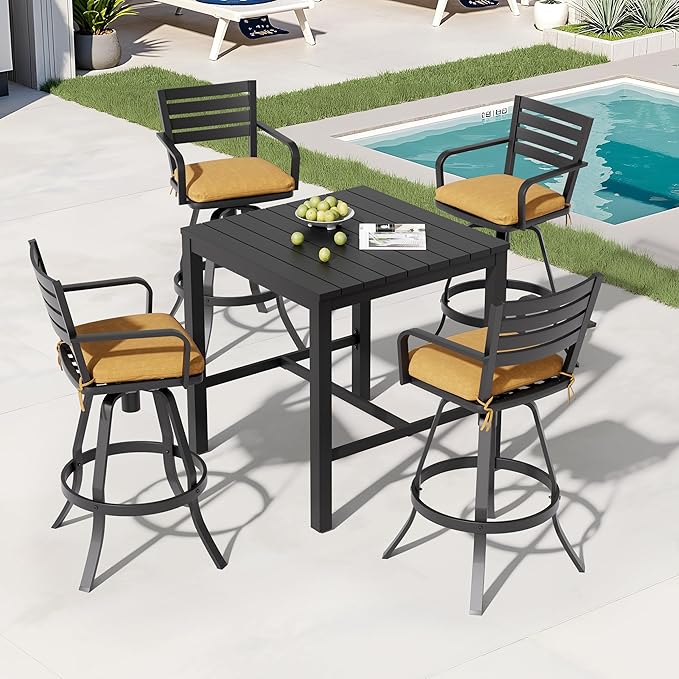 Pellebant Outdoor Bar Stools Set of 4 with Sunbrella Cushion, 29.5" Aluminum Swivel Bar Height Stool Chairs with Back & Footrest, Rust-Proof Patio Bartools for Deck Lawn Garden,Teak