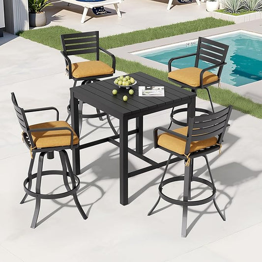 Pellebant Outdoor Bar Stools Set of 4 with Sunbrella Cushion, 29.5" Aluminum Swivel Bar Height Stool Chairs with Back & Footrest, Rust-Proof Patio Bartools for Deck Lawn Garden,Teak