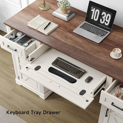 ONBRILL 59 inch Farmhouse Executive Desk with Drawers, Home Office Desk with File Cabinet, Outlets, Storage Cabinet, Keyboard Tray, Wood Computer Desk for Work Study Writing (Off White & Walnut)
