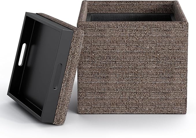 SIMPLIHOME Rockwood 18 inch Wide Contemporary Square Cube Storage Ottoman with Tray in Mink Brown Tweed Look Fabric, Assembled, For the Living Room, Entryway and Family Room
