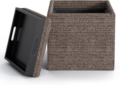 SIMPLIHOME Rockwood 18 inch Wide Contemporary Square Cube Storage Ottoman with Tray in Mink Brown Tweed Look Fabric, Assembled, For the Living Room, Entryway and Family Room
