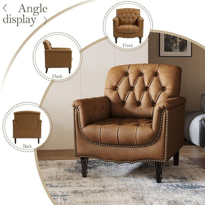 Pia Ricco Modern Tufted Accent Chair, Single Faux Leather Armchair with Nailhead Trim & Wood Legs, Comfortable Upholstered Seat for Living Room, Office - Camel