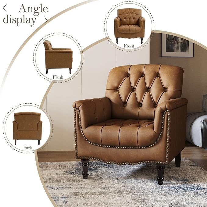 Pia Ricco Faux Leather Armchair Set of 2, Modern Accent Chairs with Nailhead Trim and Solid Wood Legs, Upholstered Comfort for Living Room, Office, Bedroom - Camel
