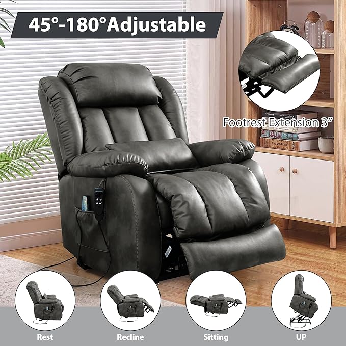 EDILLY Large Reclining Lift Chair, Dual Motor Massage Chair, Genuine Leather Recliner with Heating and Massage for Seniors, with Double Lumbar Cushion and Extended Footrest, USB Port(Silver Grey)