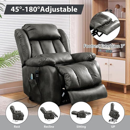 EDILLY Large Reclining Lift Chair, Dual Motor Massage Chair, Genuine Leather Recliner with Heating and Massage for Seniors, with Double Lumbar Cushion and Extended Footrest, USB Port(Silver Grey)