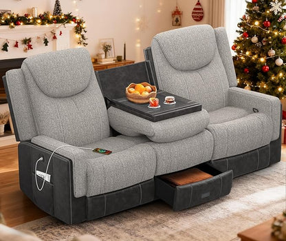Manual Reclining Sofa, Flip Middle Backrest 2-in-1 Couch with Large Storage Drawer, USB Ports & Cup Holders, Grey Linen & Chocolate Leather Living Room Loveseat Recliner Sofa, Grey