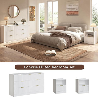 3-Piece Modern Bedroom Furniture Set, Wide 7-Drawer Dresser & 1-Drawer Nightstands Set of 2, Natural Wood Dresser and Nightstand Sets for Bedroom,Hallway, White