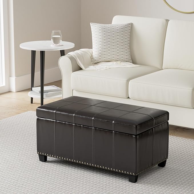 SIMPLIHOME Amelia 33 inch Wide Transitional Rectangle Storage Ottoman Bench in Tanners Brown Vegan Faux Leather, Assembled, For the Living Room, Entryway and Family Room