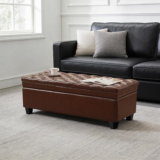 50" Faux Leather Storage Ottoman Bench, Rectangular End of Bed Storage Bench, Upholstered Large Tufted Ottoman with Storage for Living Room, Bedroom, Entryway,Light Brown