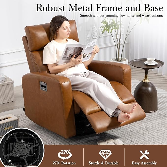 Genuine Leather Power Swivel Recliner Chair, Glider Electric Rocking Chair for Adults. Nursery Rocker Sofa Chair with Adjustable Headrest for Living Room. Wireless Charging/Type-C&USB, Brown