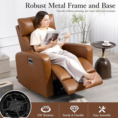 Genuine Leather Power Swivel Recliner Chair, Glider Electric Rocking Chair for Adults. Nursery Rocker Sofa Chair with Adjustable Headrest for Living Room. Wireless Charging/Type-C&USB, Brown