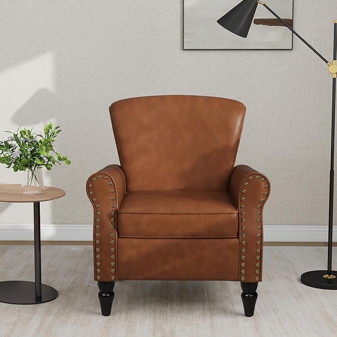 Accent Chair, Mid Century Modern Faux Leather Arm Chair with Wood Leg for Living Room, Bedroom, Comfy PU Leather Club Reading Chairs with Wingback & Nailhead Trim (Leather Brown, Set of 2)