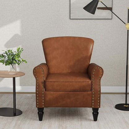 Accent Chair, Mid Century Modern Faux Leather Arm Chair with Wood Leg for Living Room, Bedroom, Comfy PU Leather Club Reading Chairs with Wingback & Nailhead Trim (Leather Brown, Set of 2)