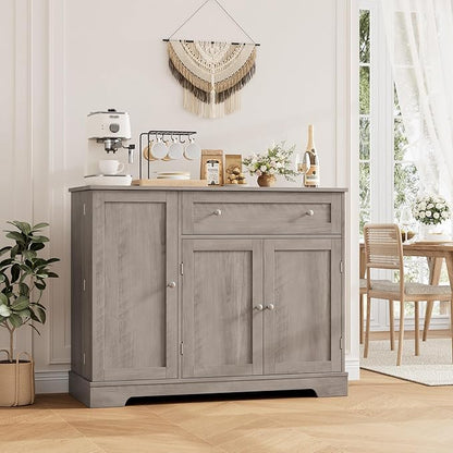 HOSTACK Buffet Cabinet with Storage, Modern Sideboard Buffet with Doors, Wood Coffee Bar Kitchen Storage Cabinet with Drawer and Adjustable Shelf for Kitchen, Dining Room, Living Room, Ash Grey