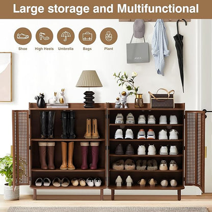 ORRD Shoe Cabinet, 5 Tier Boho Wooden Shoe Storage Organizer Cabinet with Adjustable Shelves, Shoes Rack with Iron Rattan Curved Doors Accent Cabinet for Entryway Hallway Living Room, Walnut