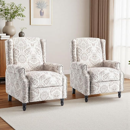 Recliner Chair, Upholstered Wingback Floral Pushback Armchair with Adjustable Backrest & Footrest, Comfy Accent Chair Reading Single Sofa for Small Spaces, Living Room, Bedroom (Beige, Set of 1)