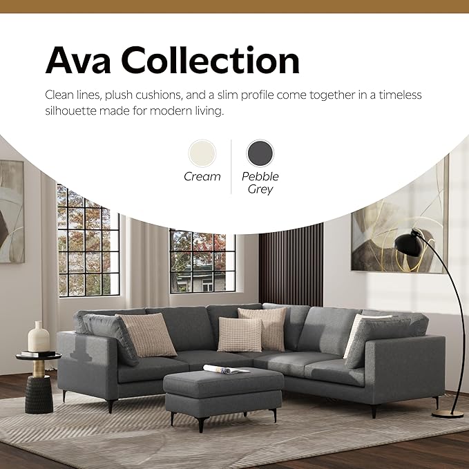 SIMPLIHOME Ava Corner Sectional Sofa in 100% Recycled Polyester Tightly Woven Performance Fabric, Pebble Grey, 102-inches Wide, Handcrafted Mid-Century Modern Style L-Shaped Couch for Living Room