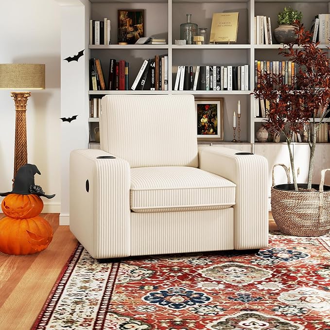 Furnimart 36" Wide Plush Accent Chair, Single Sofa with USB Charger & Cup Holder, Oversized Comfy Chair Tufted Corduroy Fabric, Ideal for Living Room, Bedroom, Apartment(Corduroy-Beige)