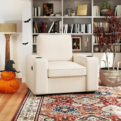 Furnimart 36" Wide Plush Accent Chair, Single Sofa with USB Charger & Cup Holder, Oversized Comfy Chair Tufted Corduroy Fabric, Ideal for Living Room, Bedroom, Apartment(Corduroy-Beige)