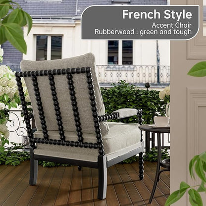 Morden Fort Linen Fabric Spindle Accent Chair with Wood Frame, French Style Accent Chairs with Padded Spring Seat and Armrest Pads, Brushed Base for Living Room Bedroom Farmhouse Office Balcony