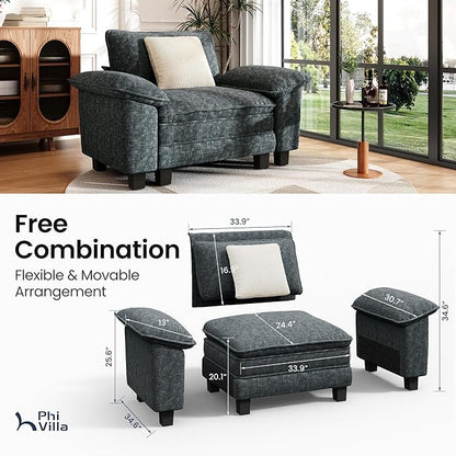 PHI VILLA Oversized Single Sofa Chair, 1 Seater Comfy Sofa with Deep Seat for Reading Nook Bedroom Small Spaces, Chenille Fabric, Dark Cyan