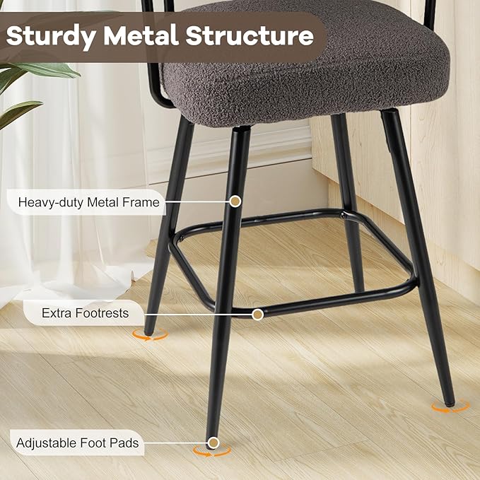 COSTWAY Counter Height Bar Stools Set of 4, 27" Swivel Modern Upholstered Counter Chairs with Boucle Fabric, Curved Backrests & Metal Legs, for Kitchen Island, Home, Pub (4, Grey + Black)