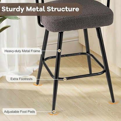 COSTWAY Counter Height Bar Stools Set of 2, 27" Swivel Modern Upholstered Counter Chairs with Boucle Fabric, Curved Backrests & Metal Legs, for Kitchen Island, Home (2, Grey + Black)