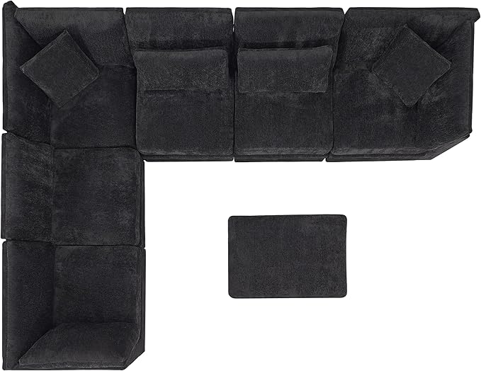 Christopher Knight Home Zery 7-Piece U-Shape Lounge Sofa Couch with Ottomans, Modern Modular Sectional Sofa Set with Pillow Back for Living Room, Chenille Upholstered Cloud Couch with Deep Seat,Black