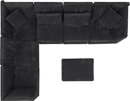 Christopher Knight Home Zery 7-Piece U-Shape Lounge Sofa Couch with Ottomans, Modern Modular Sectional Sofa Set with Pillow Back for Living Room, Chenille Upholstered Cloud Couch with Deep Seat,Black