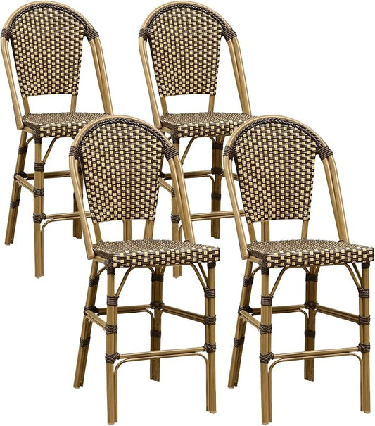 PURPLE LEAF French Counter Height Bar Stool Set of 4 25" Bamboo Print Finish Patio Bar Chairs with Back Rattan Bar Chairs French Bistro Set for Kitchen Outdoor Counter Stool Brown
