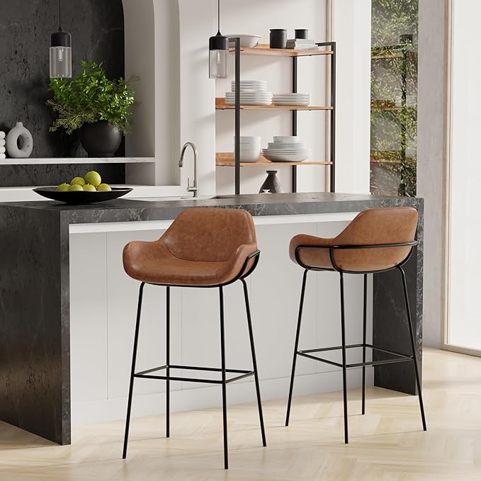SIMPLIHOME Mira Bar Stools (Set of 2) - 30 inch Seat Height Upholstered Metal Bar Chairs in Distressed Tan Vegan Faux Leather, Contemporary Seating for Kitchen with Curved Cushioned Seat and Armrests
