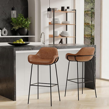 SIMPLIHOME Mira Bar Stools (Set of 2) - 30 inch Seat Height Upholstered Metal Bar Chairs in Distressed Tan Vegan Faux Leather, Contemporary Seating for Kitchen with Curved Cushioned Seat and Armrests