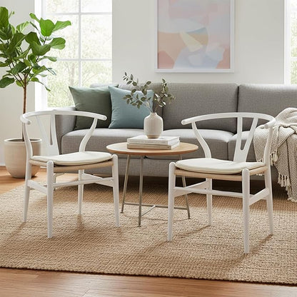 Tomile Wishbone Dining Chair with Arms, A Clean White PU Cushion Included on Handwoven Seat, Modern Mid-Century Y-Chair Crafted from White Ash Wood, Ideal for Dining Room Chairs Set (Ash Wood - White)