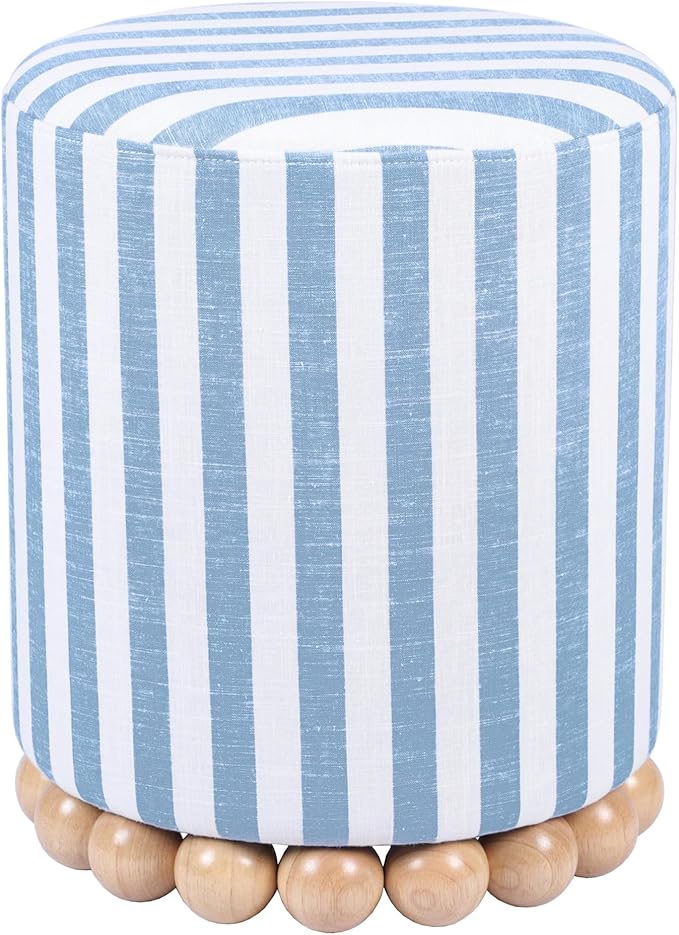 First of a Kind Ottoman Foot Rest - Pastel Blue Round Ottoman Stool with Solid Wood Spherical Orbs - 15.7" W x 15.7" D x 18.3" H - Handmade, Easy Clean, 330 lbs Weight Capacity