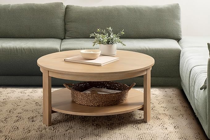 Kate and Laurel Foxford Tiered Round Coffee Table; 34 x 34 x 17; Light Natural; Transitional Two-Tier Circle Living Room Table with Storage and Resilient Wood Construction