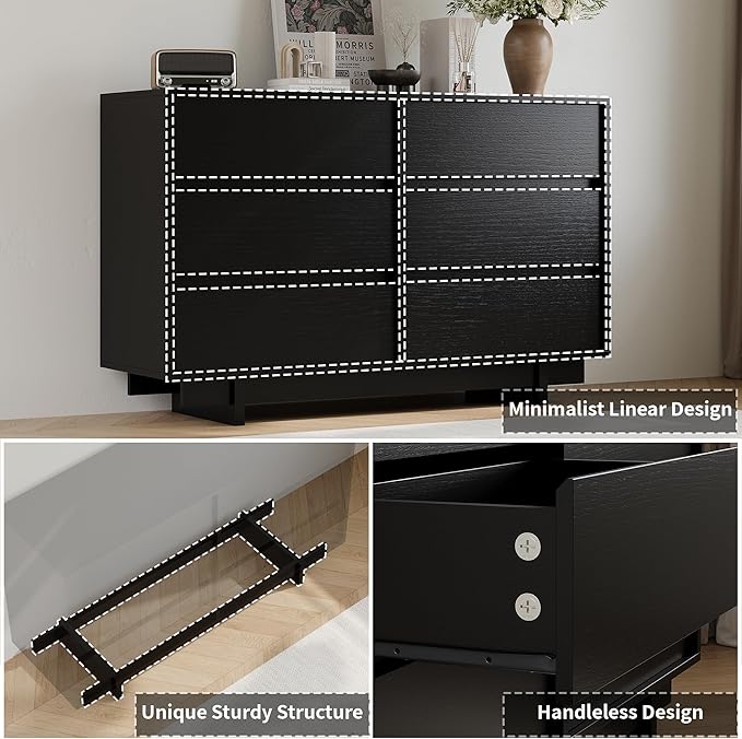 Black Dresser for Bedroom, 47" Wide 6 Drawer Dresser, Mid Century Modern Dressers Chest of Drawers, Wooden Large Dressers for Bedroom, Closet