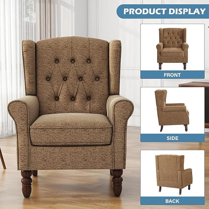 UIXE High Back Accent Chairs Set of 2, Fabric Upholstered Armchair Retro Wingback Arm Chair for Living Room, Comfy Single Sofa Bedroom Retro Reading Seat with Solid Wood Legs - Brown