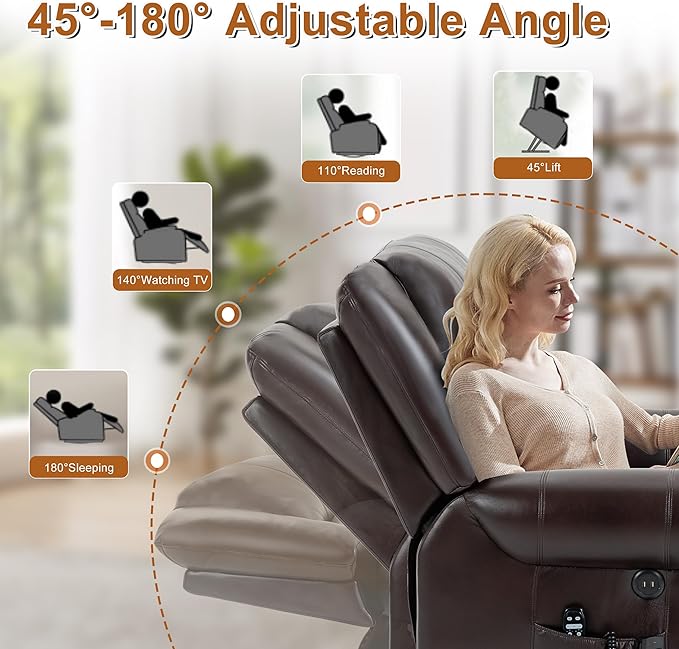 Luxlen Power Lift Recliner Chair for Elderly, Dual Motor Massage Recliner with Lumbar Heat, Heavy Duty Motion Mechanism Lift Chair with Charge Ports, Faux Leather - Antique Brown