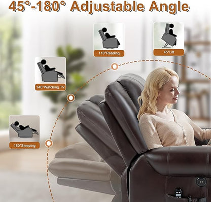 Luxlen Power Lift Recliner Chair for Elderly, Dual Motor Massage Recliner with Lumbar Heat, Heavy Duty Motion Mechanism Lift Chair with Charge Ports, Faux Leather - Antique Brown