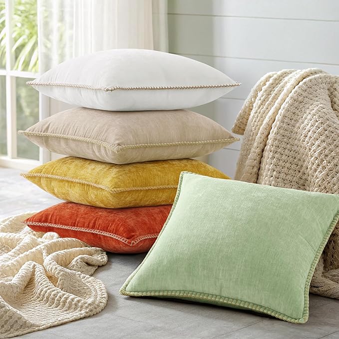 decorUhome Chenille Soft Throw Pillow Covers 12x20 Set of 2, Lumbar Velvet Farmhouse Neutral Decorative Euro Pillow Covers with Stitched Edge for Couch Sofa Bed Home Decor, Beige