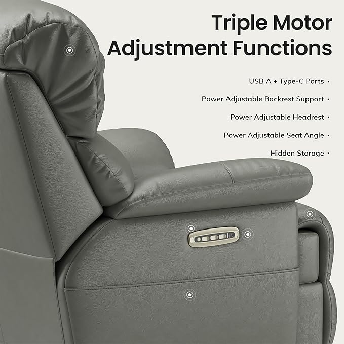 COLAMY Triple Motors Power Recliner Chair with Power Headrest & Lumbar Support Independent Adjustment for Living Room, Leather Electric Recliner Sofa Chair, Gray