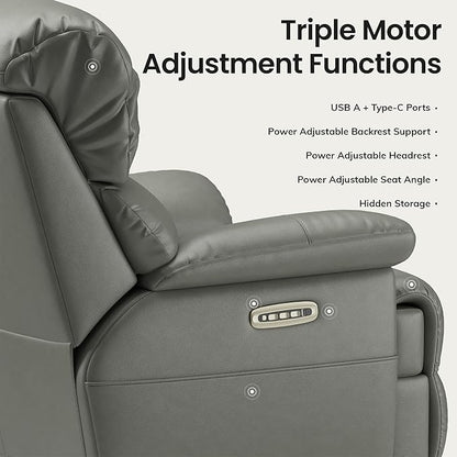 COLAMY Triple Motors Power Recliner Chair with Power Headrest & Lumbar Support Independent Adjustment for Living Room, Leather Electric Recliner Sofa Chair, Gray