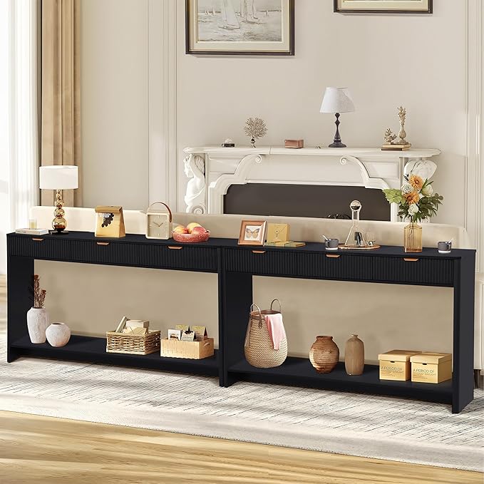 Entryway Table with Storage, Narrow Console Table with 3 Drawers, 55.12' Couch Table Behind Sofa Long for Living Room TV/Hallway Entrance Foyer, Mid Century Modern Black Fluted Console Table