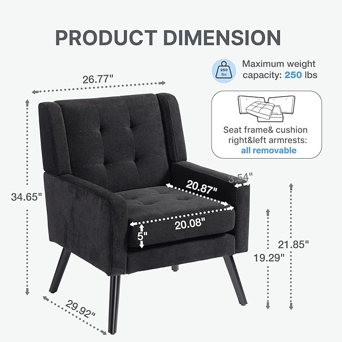 Mid-Century Modern Accent Chair, Plush Linen Fabric with Button Tufted High Back & 5" Thick Cushion, High Comfort Reading Chair for Living Room, Bedroom, Office (Black)