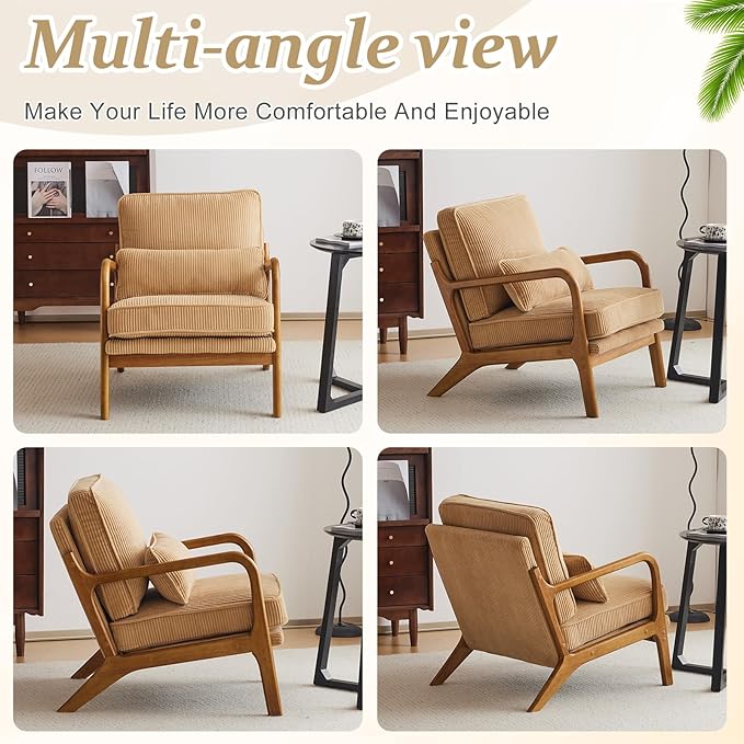 VINGLI Upgraded Premium Corduroy Accent Chair,Upholstered Arm Chair,Solid Wood Comfy Reading Chair with Lumbar Pillow, Mid Century Modern Chairs for Living Room,Bedroom,Guest Room,Khaki